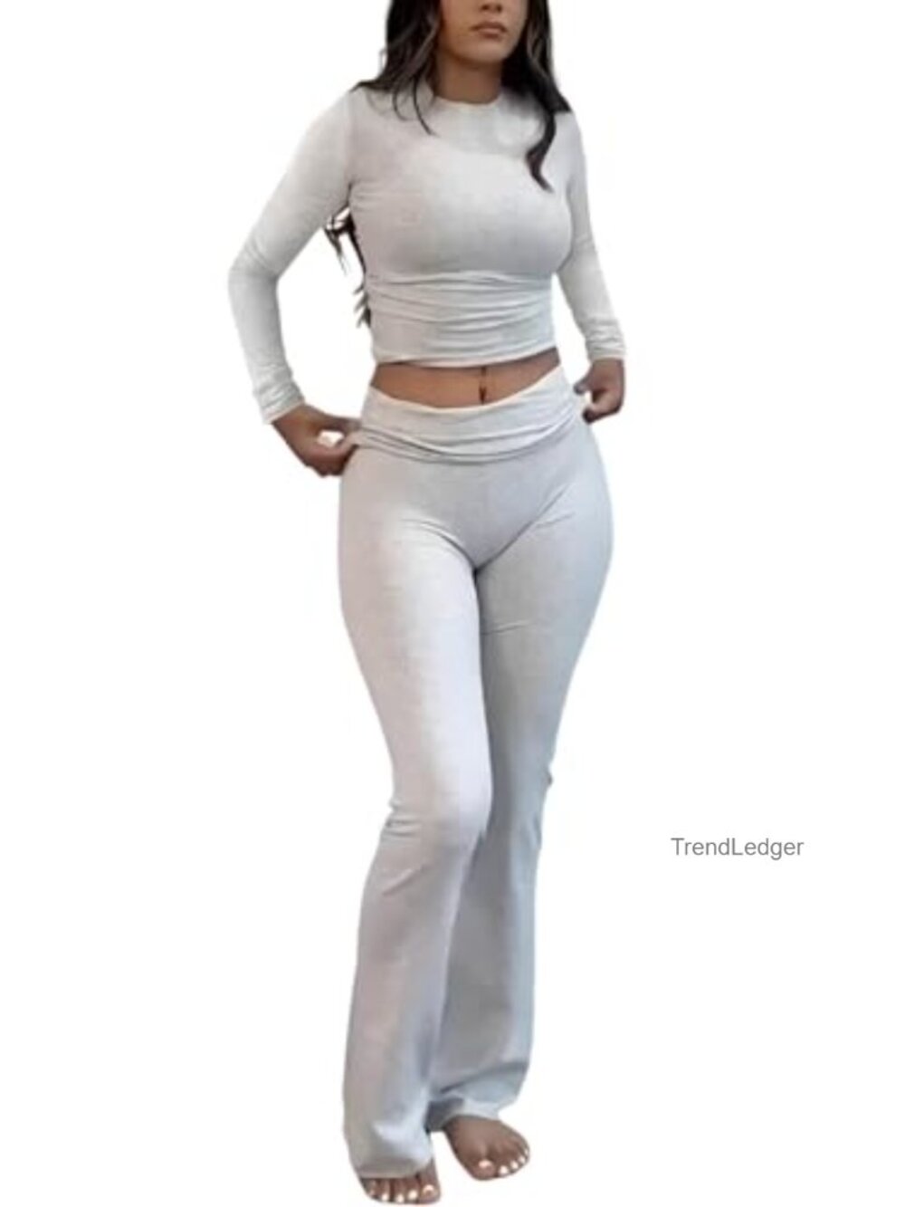Workout Two Piece Set Long Sleeve High Waist Fold-Over Flared Leggings
